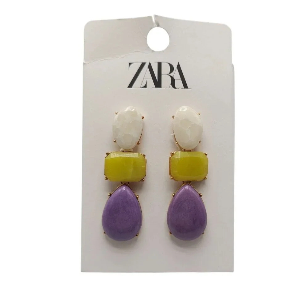 Zara Statement Earrings With Purple Teardrop Yellow Rectangle White Oval Acrylic